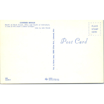 Rock Creek Ashtabula Ohio Covered Bridge Postcard PB10