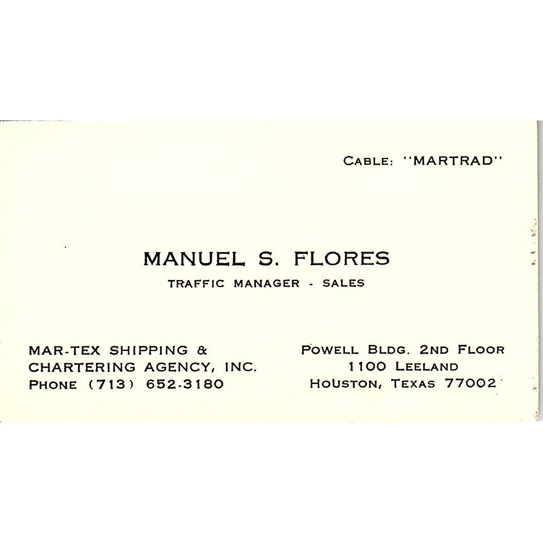 Manuel S Flores Mar-Tex Shipping & Chartering Houston Vtg Business Card SC9-B4