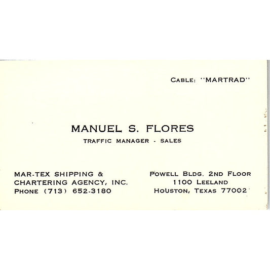 Manuel S Flores Mar-Tex Shipping & Chartering Houston Vtg Business Card SC9-B4