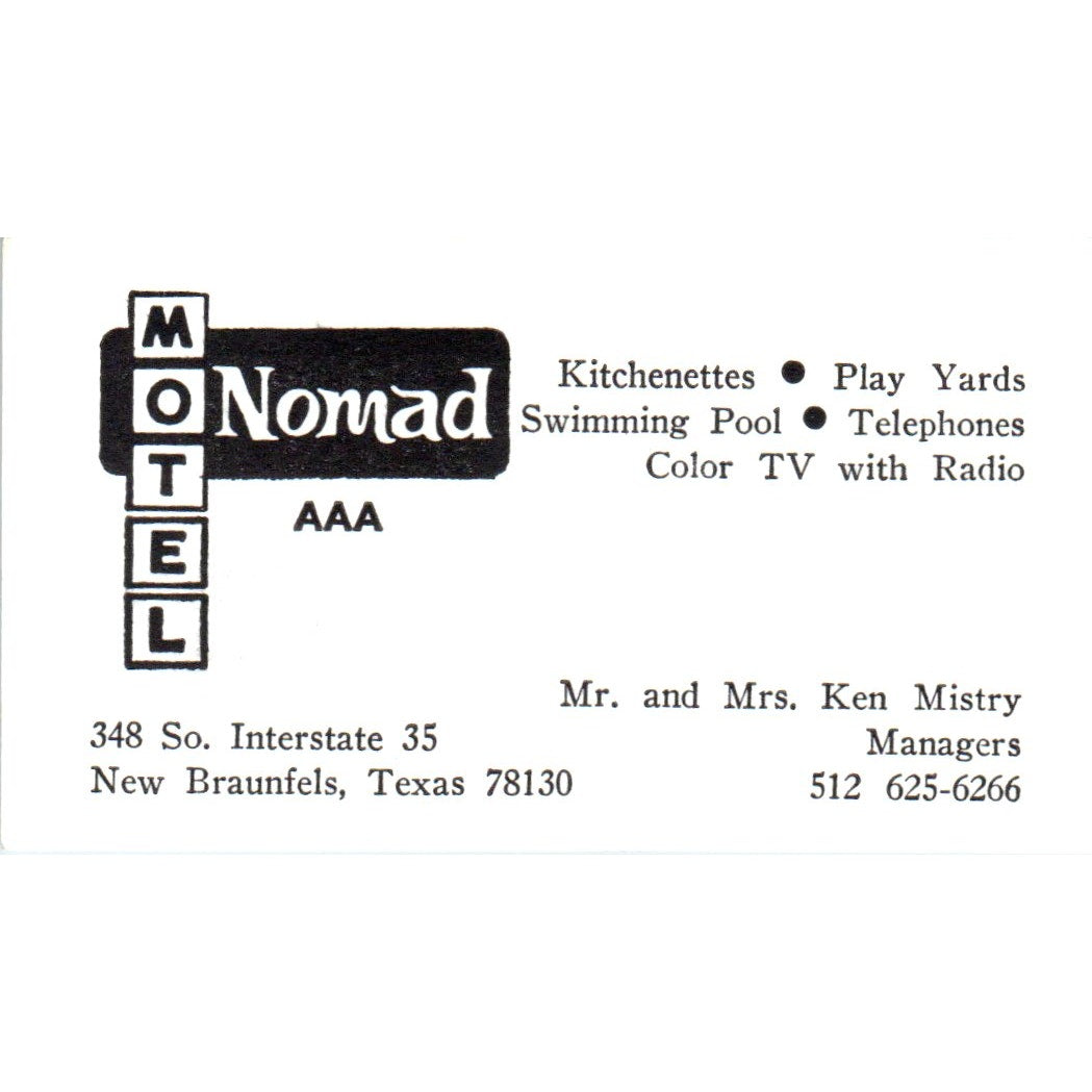 Nomad Motel Ken Mistry New Braunfels TX Vintage Business Card SD8-B22