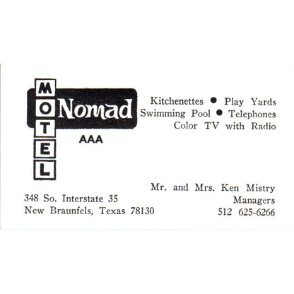 Nomad Motel Ken Mistry New Braunfels TX Vintage Business Card SD8-B22