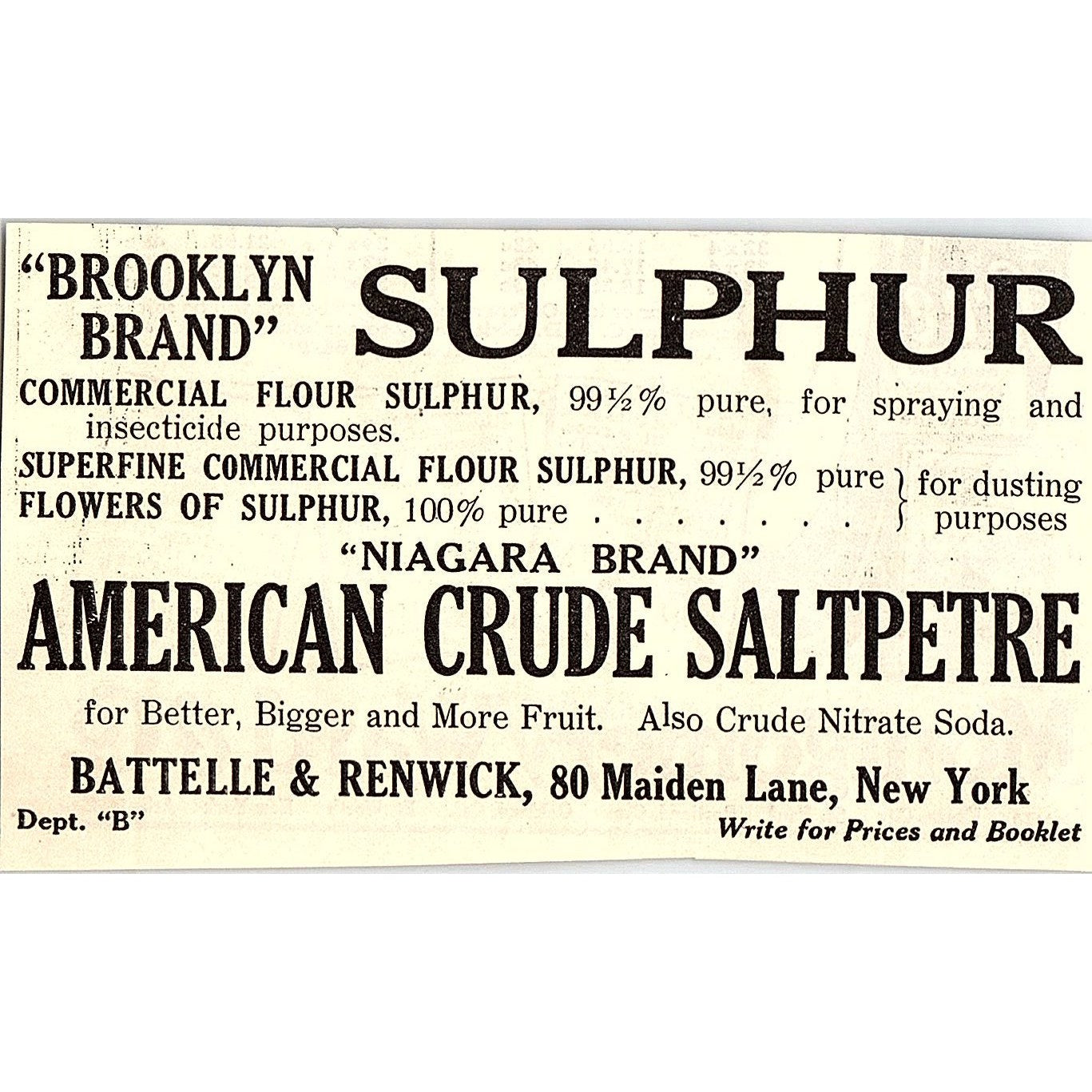 Battelle & Renwick Brooklyn Brand Sulphur 80 Maiden Lane NY 1924 Ad AG3-M3