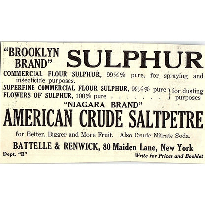Battelle & Renwick Brooklyn Brand Sulphur 80 Maiden Lane NY 1924 Ad AG3-M3