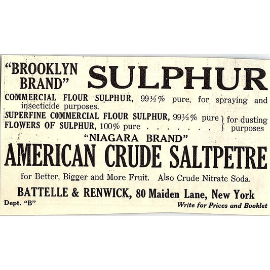 Battelle & Renwick Brooklyn Brand Sulphur 80 Maiden Lane NY 1924 Ad AG3-M3