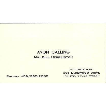 Bill Herrington Avon Calling Clute Texas Vintage Business Card SE3-B14