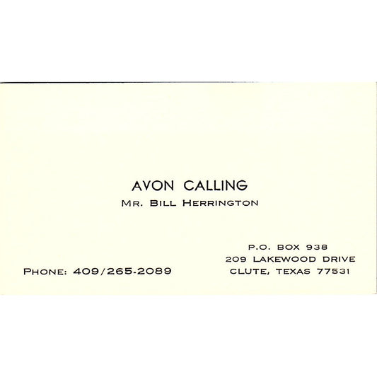 Bill Herrington Avon Calling Clute Texas Vintage Business Card SE3-B14