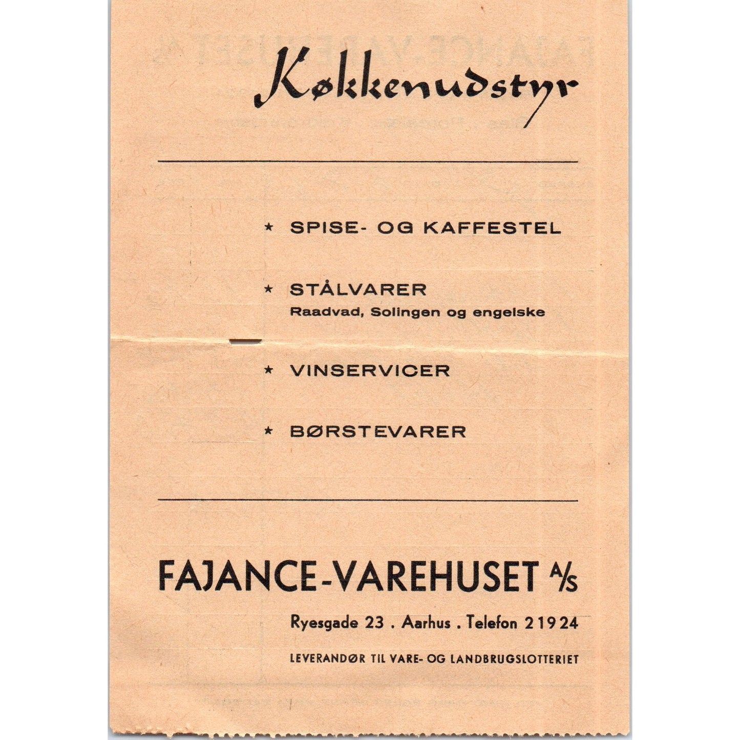 1960s Fajance-Varehuset Køkkenudstyr Aarhus Letterhead Receipt AF7-E10