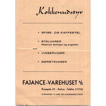 1960s Fajance-Varehuset Køkkenudstyr Aarhus Letterhead Receipt AF7-E10