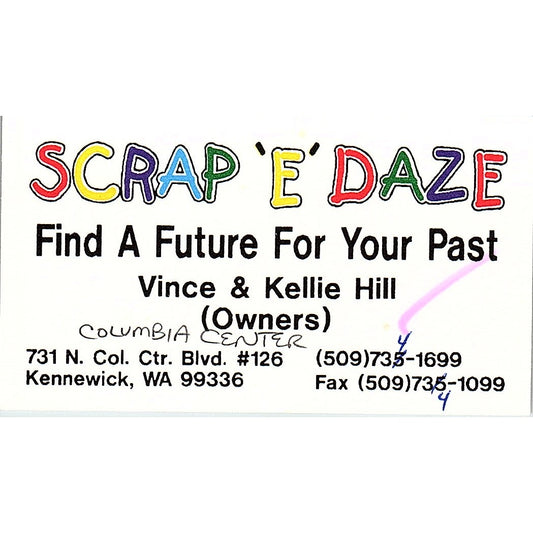 Scrap E Daze Vince & Kellie Hill Kennewick WA Vintage Business Card SC9-B11
