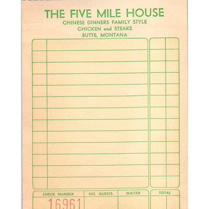 The Five Mile House Chinese Restaurant Butte MT Vintage Dinner Stub Blank AE8