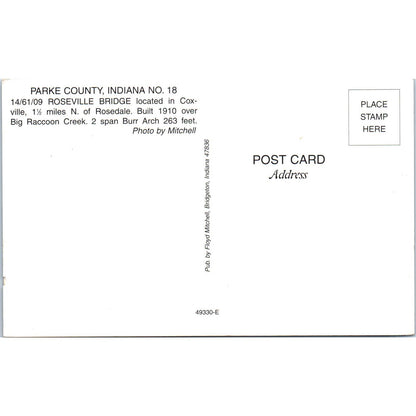 Roseville Bridge Parke County 18 IN Vintage Covered Bridge Postcard PC14