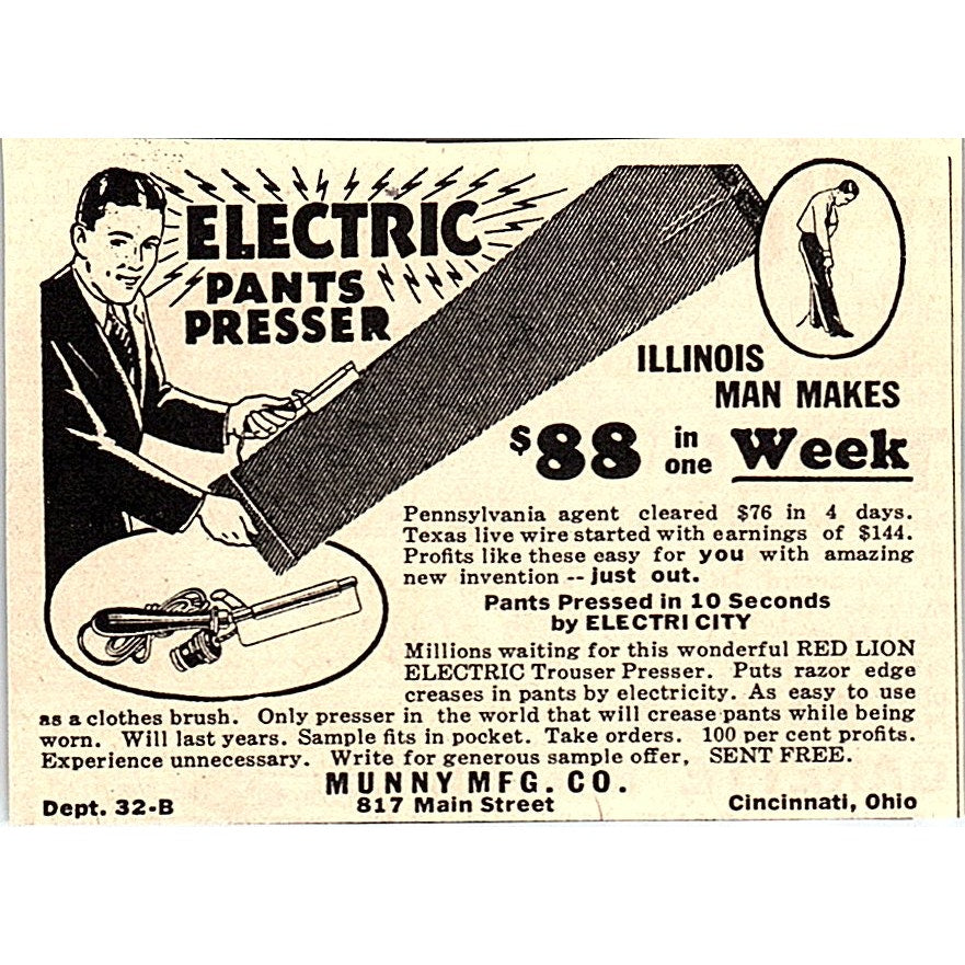 Electric Pants Presser Munny Mfg Co Cincinnati OH 1931 Ad AG1-14
