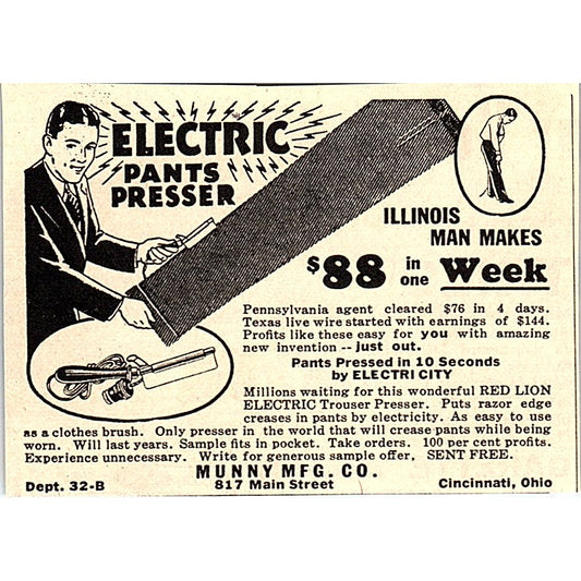 Electric Pants Presser Munny Mfg Co Cincinnati OH 1931 Ad AG1-14
