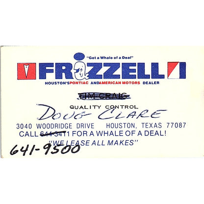 Doug Clare Frazzelli Pontiac Houston Vintage Business Card SD9-B6