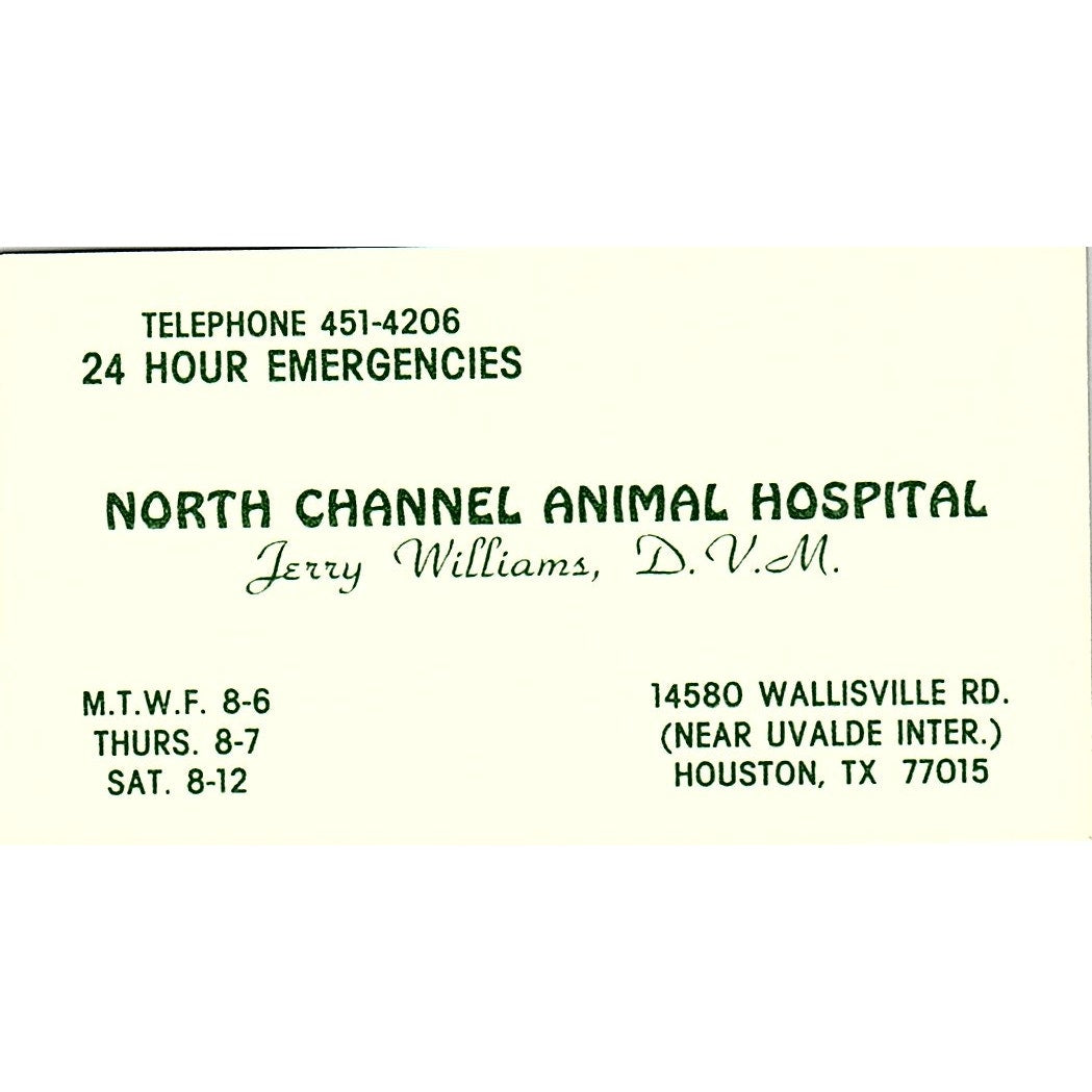 Jerry Williams DVM North Channel Animal Hospital Houston Business Card SE5-B1