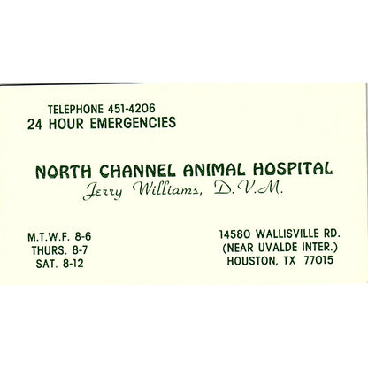 Jerry Williams DVM North Channel Animal Hospital Houston Business Card SE5-B1