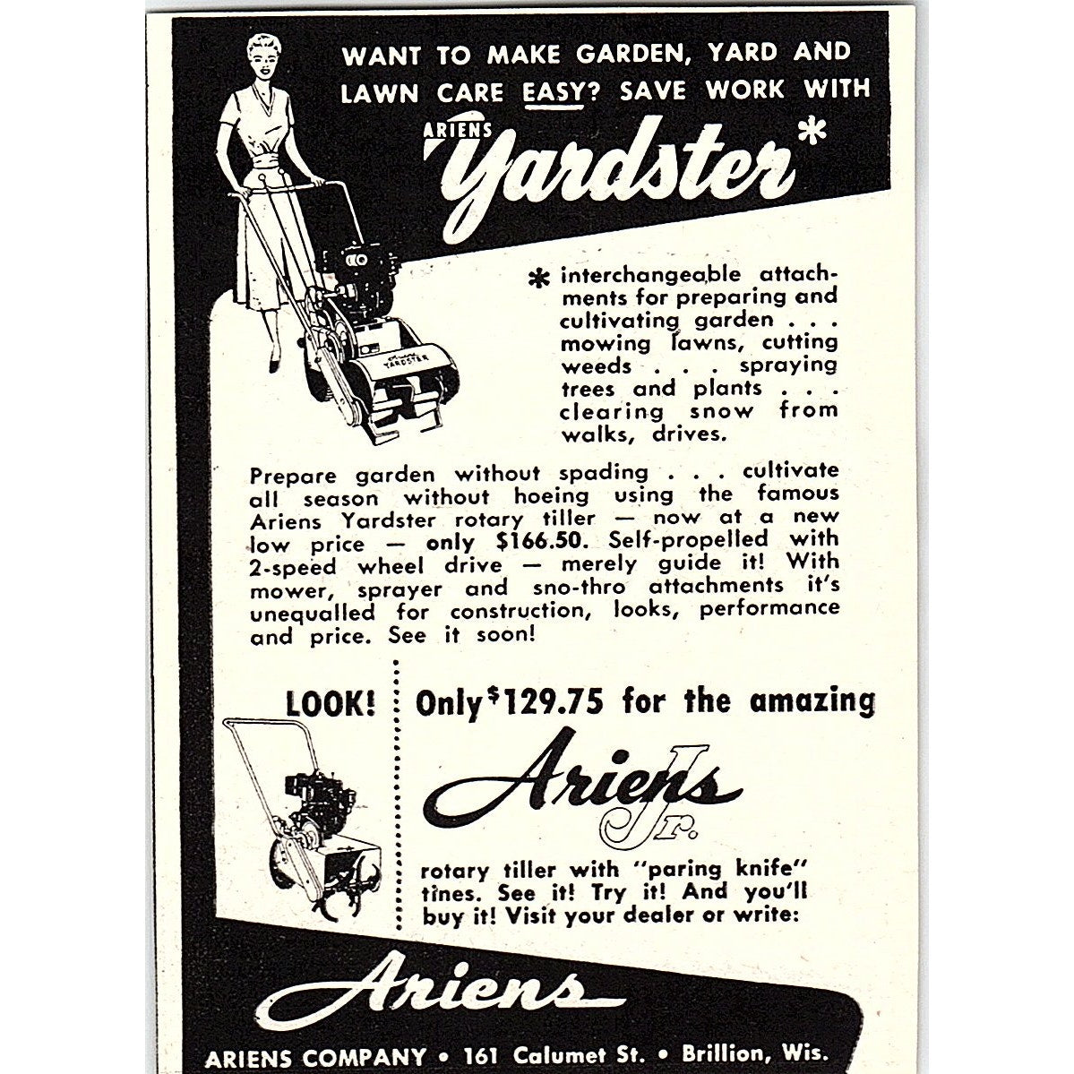 Ariens Yardster Rotary Tiller Mower Brillion WI 1955 Ad AF9-M2