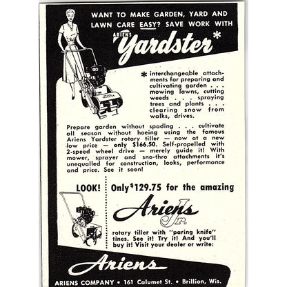 Ariens Yardster Rotary Tiller Mower Brillion WI 1955 Ad AF9-M2