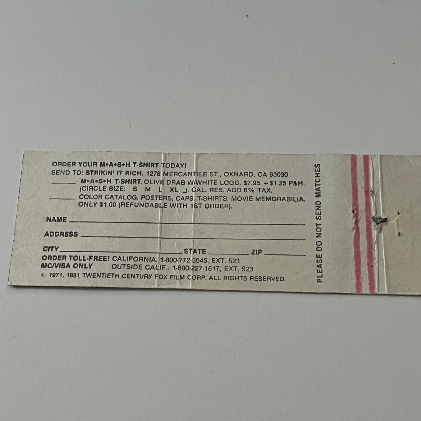 MASH TV Show Official Products Vintage Matchbook Cover TB6-MB2-5