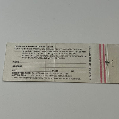 MASH TV Show Official Products Vintage Matchbook Cover TB6-MB2-5