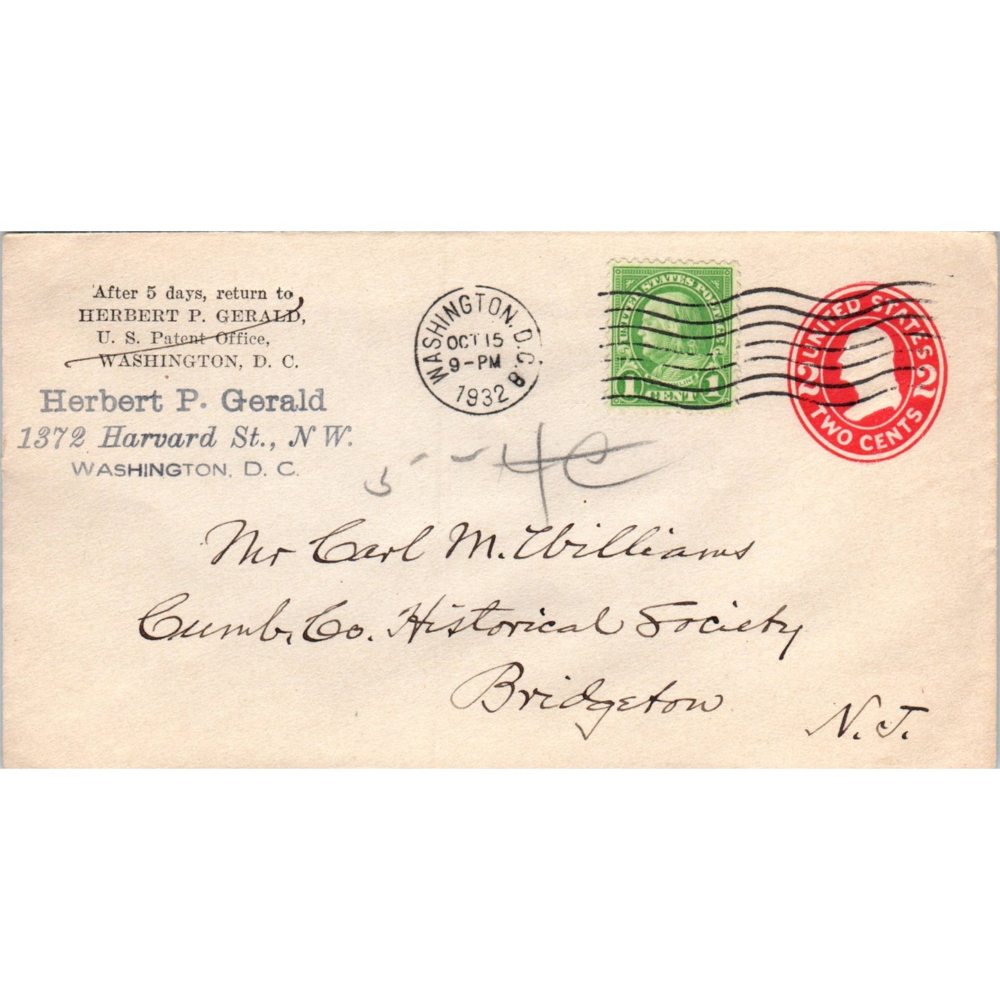 1932 Herbert P. Gerald DC to Carl M. Williams Bridgeton NJ Postal Cover TG7-PC2