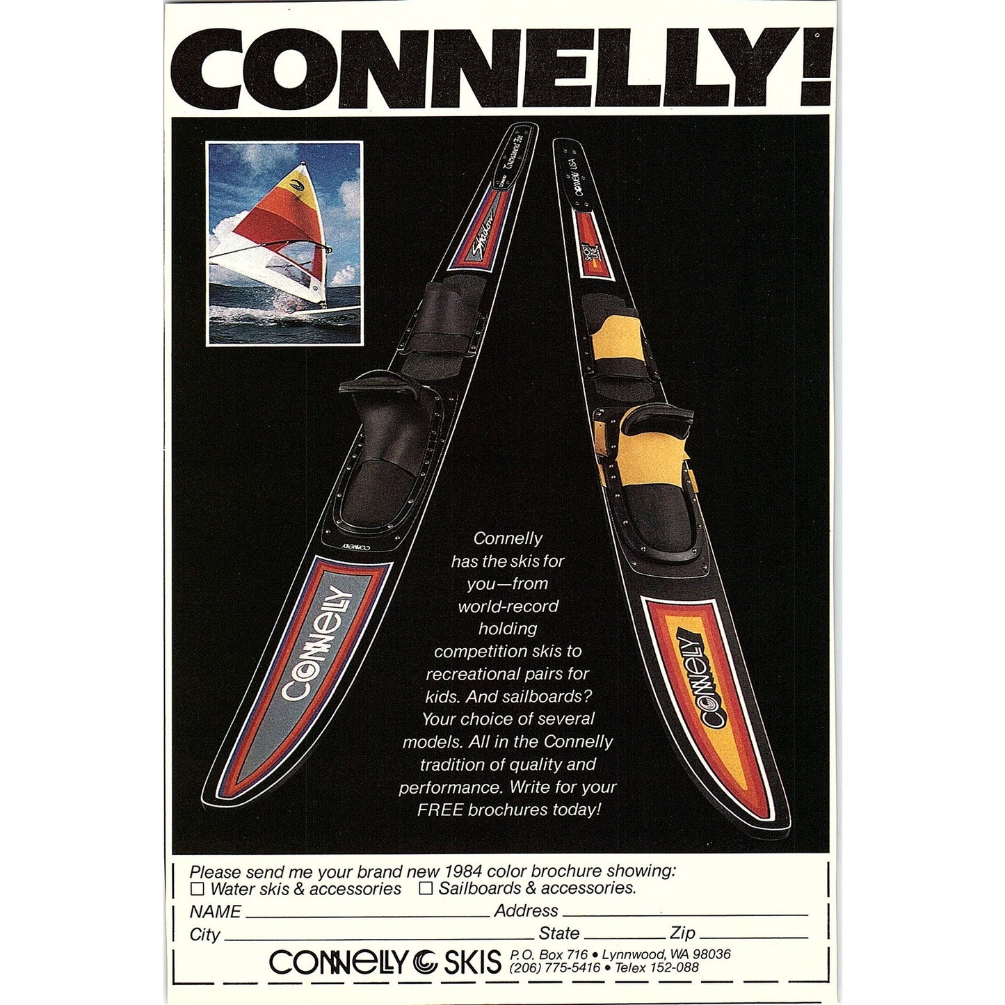 Connelly Skis Water Skis Sailboards Lynnwood WA 5x7" 1983 Ad AF6-17