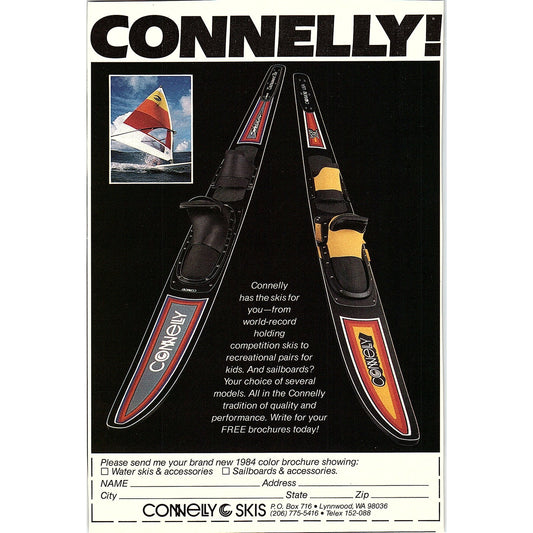 Connelly Skis Water Skis Sailboards Lynnwood WA 5x7" 1983 Ad AF6-17