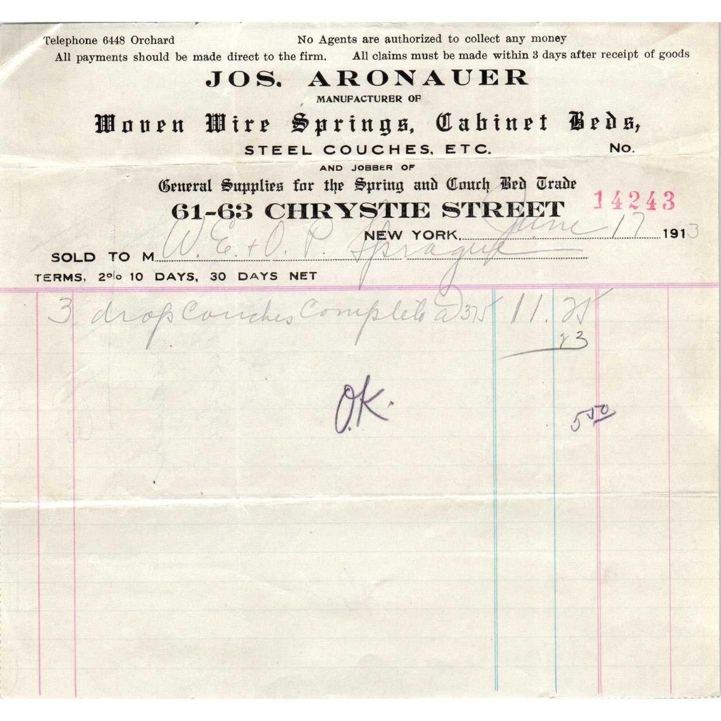 Jos. Aronauer Woven Wire Springs 1913 Original Billhead Letterhead Receipt D8-LL