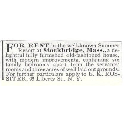Stockbridge MA Resort E.K. Rossiter c1918 Original Advertisement AE5-SV1
