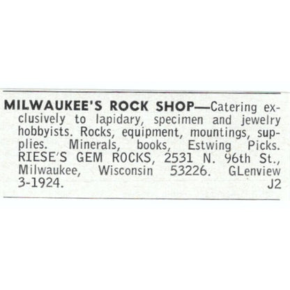 Riese's Gem Rocks Lapidary Supply Milwaukee WI 1964 Magazine Ad AB6-LJS2