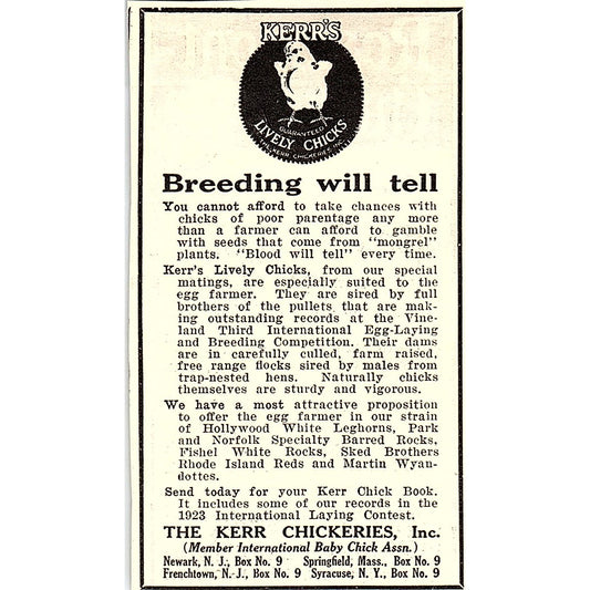 The Kerr Chickeries Inc Chicks Newark Frenchtown NJ 1924 Ad AG3-M3