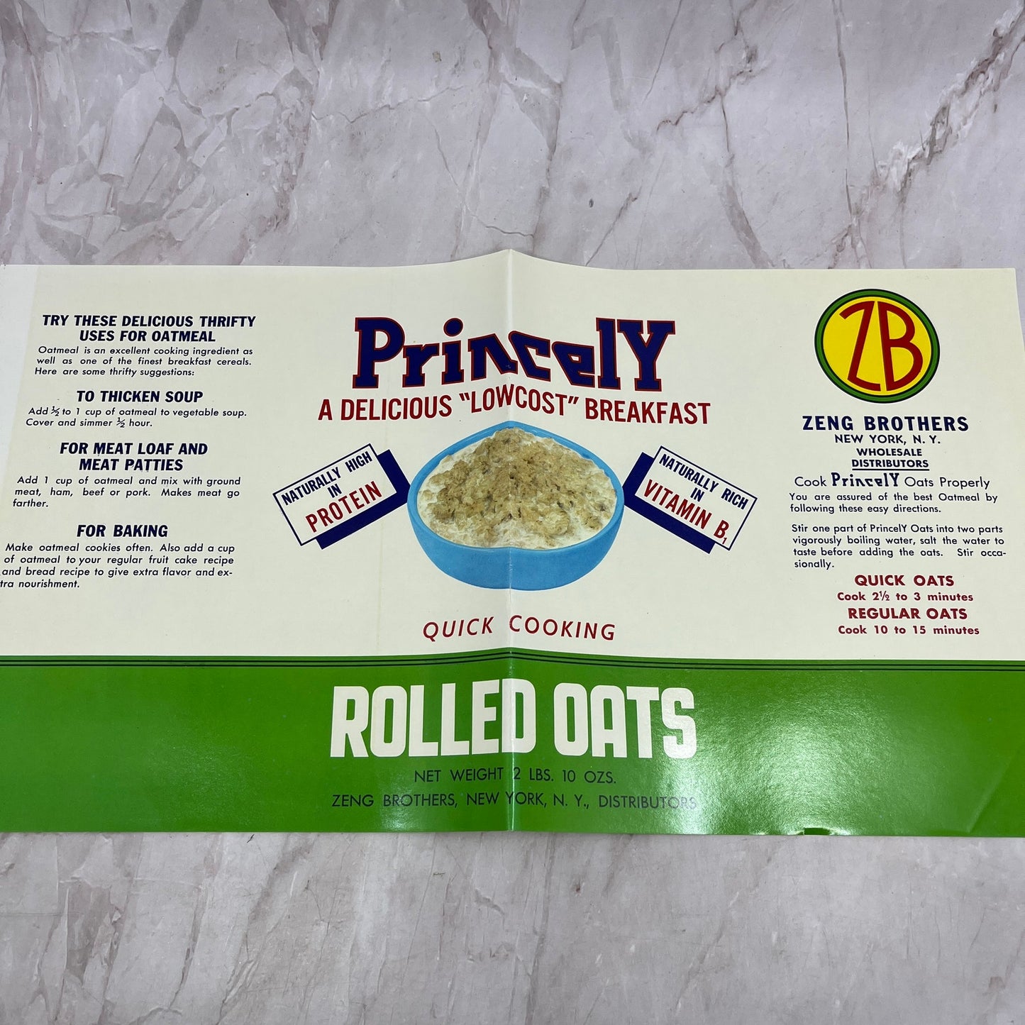 Princely Rolled Oats Label Zeng Brothers New York TH9