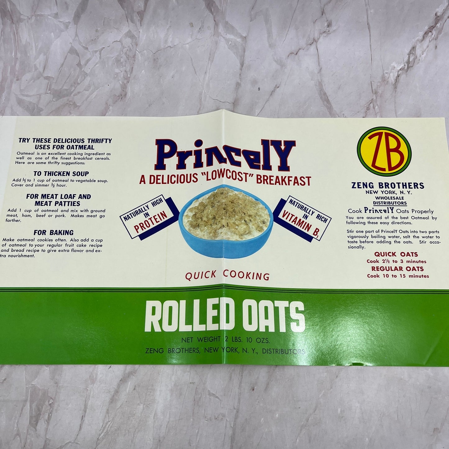 Princely Rolled Oats Label Zeng Brothers New York A19