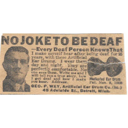 Geo P. Way Artificial Ear Drum Co Detroit MI 1923 Magazine Ad Clip AE1-7