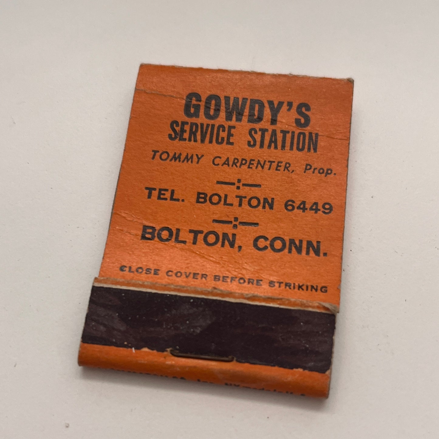 Gowdy's Service Station Tommy Carpenter Bolton CT Vtg Matchbook Cover TB8-MB-6