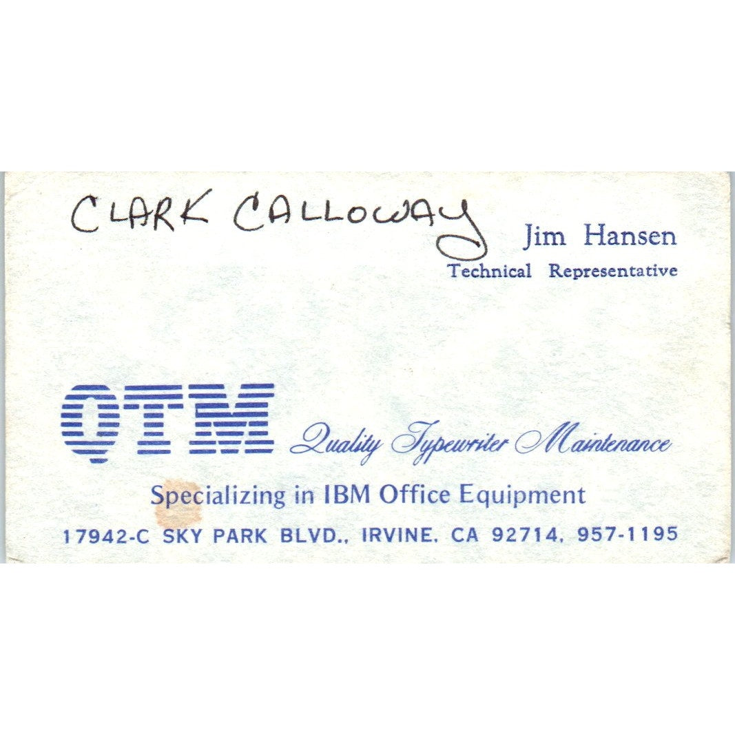 Clark Calloway Jim Hansen QTM Typewriter Maintenance Irvine Business Card SE3-B3