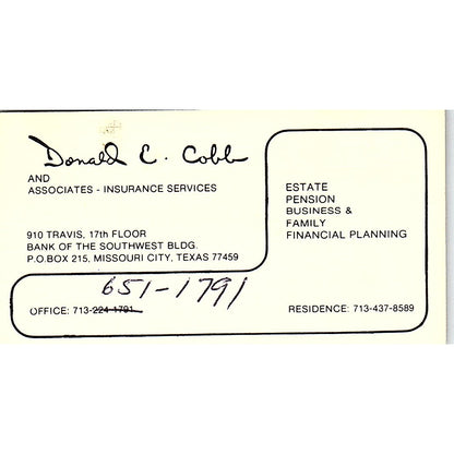 Donald E. Cobb and Associates Ins Services Houston Vintage Business Card SD9-B6