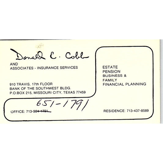 Donald E. Cobb and Associates Ins Services Houston Vintage Business Card SD9-B6