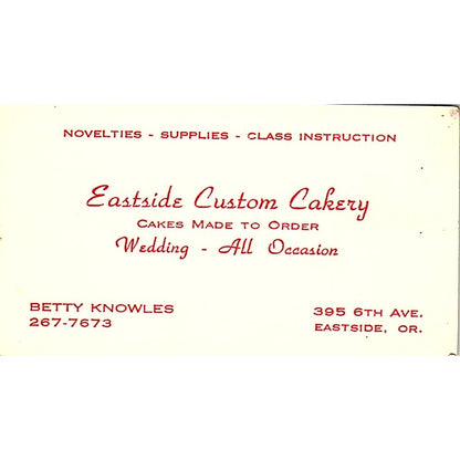 Betty Knowles Eastside Custom Bakery Eastside OR Vintage Business Card SD9-B8