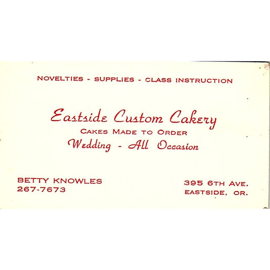 Betty Knowles Eastside Custom Bakery Eastside OR Vintage Business Card SD9-B8