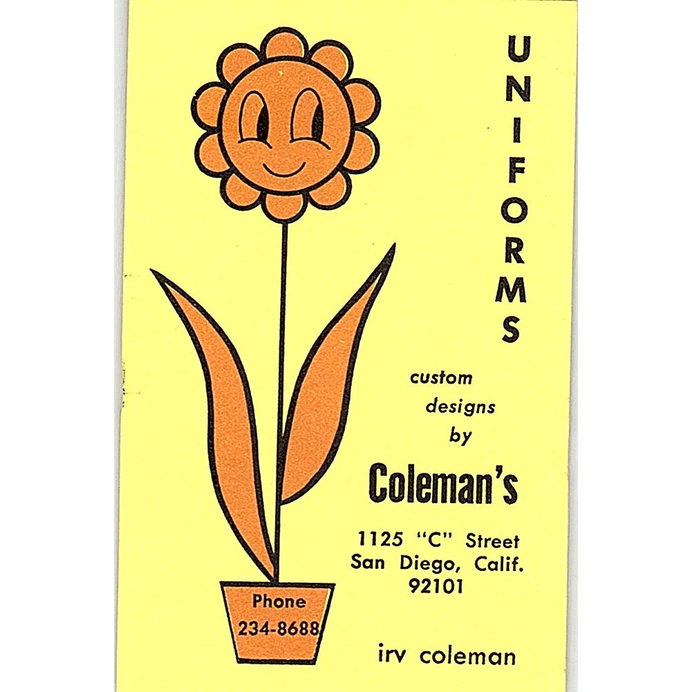 Irv Coleman Uniform San Diego CA Vintage Business Card SC9-B13