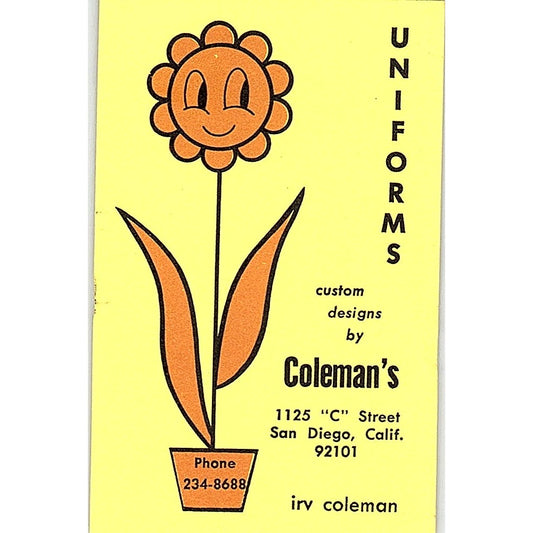 Irv Coleman Uniform San Diego CA Vintage Business Card SC9-B13