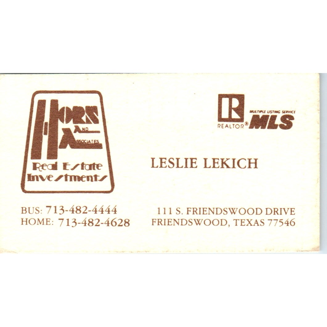 Leslie Lekich Hors & Associates Real Estate Friendswood TX Business Card SD8-B2