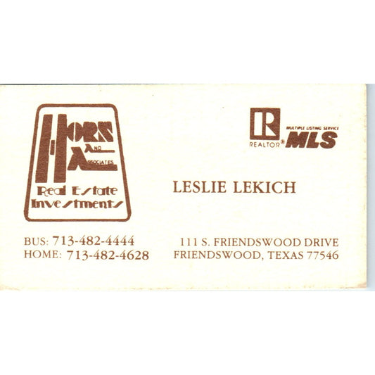 Leslie Lekich Hors & Associates Real Estate Friendswood TX Business Card SD8-B2