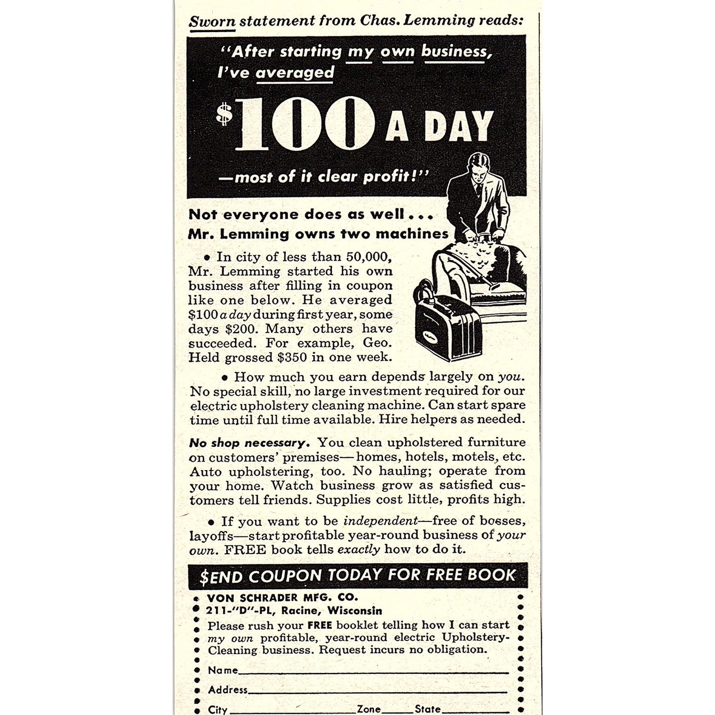 Upholstery Cleaning Business - Von Schrader Mfg Co Racine WI 1955 Ad AF9-6