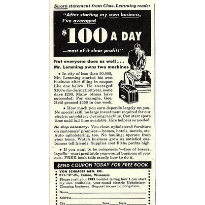 Upholstery Cleaning Business - Von Schrader Mfg Co Racine WI 1955 Ad AF9-6