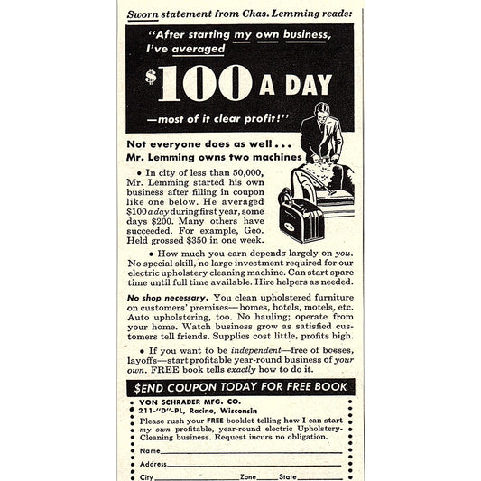Upholstery Cleaning Business - Von Schrader Mfg Co Racine WI 1955 Ad AF9-6