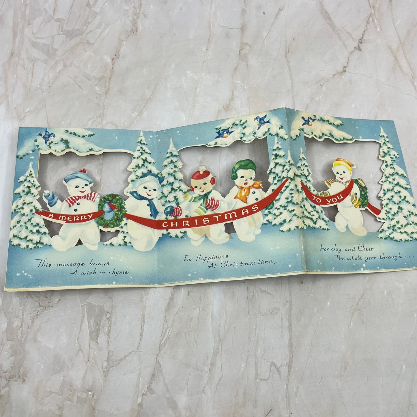 1952 Christmas Greeting Card Die Cut Snowman Tri-Fold Double Sided AE3