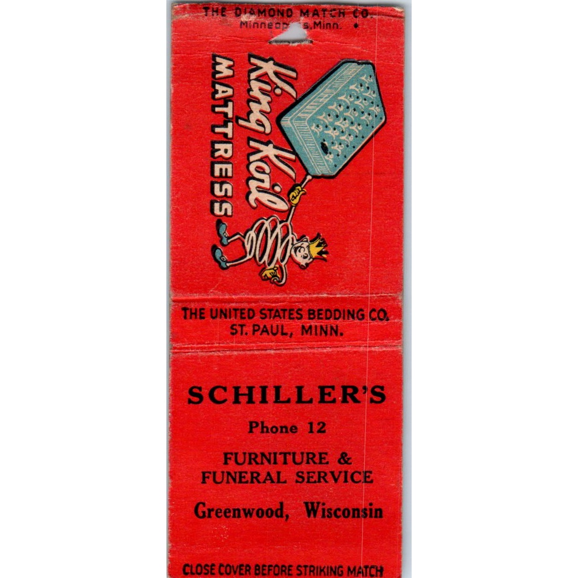 Schiller's Furniture & Funeral Service Greenwood WI Vtg Matchbook Cover SD2-Y14