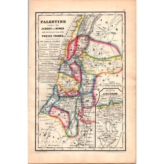 1864 Original Map of Palestine Under the Judges and Kings Tinted Engraving AJ6-2